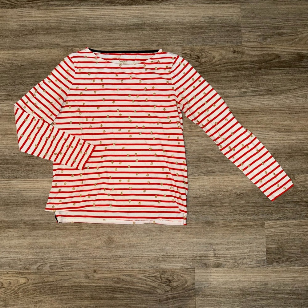 Boden Red Stripe Gold Polka Dot Tee Womens US‎ 8 Long Sleeve